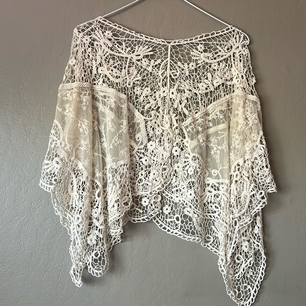 Lacey crocheted cream boho bridal Coachella poncho